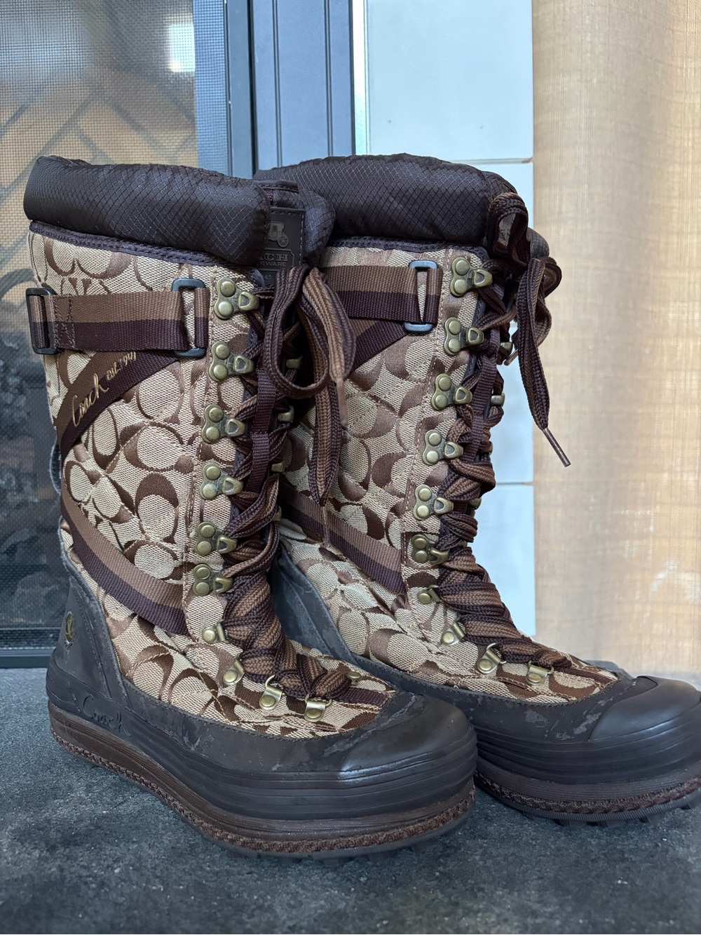 Coach Brown Signature Pattern Lace-Up Winter Boots